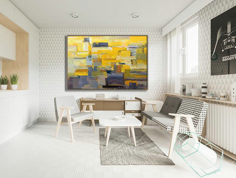 Abstract Painting Extra Large Canvas Art,Horizontal Palette Knife Contemporary Art,Original Abstract Painting Canvas Art,Yellow,Grey,White.etc